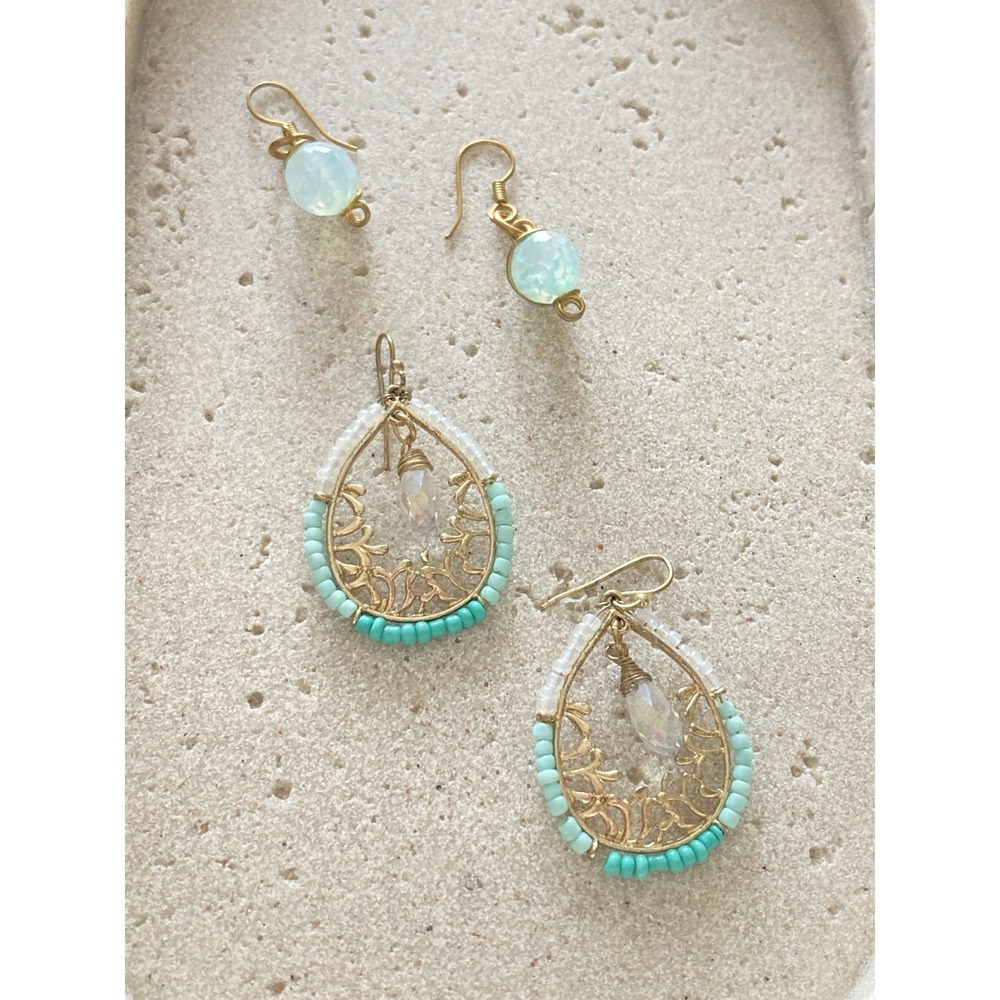 Beaded Teardropโ Earrings Set Of 2 Aqua White Gold Tone Filigree Drop Dangle